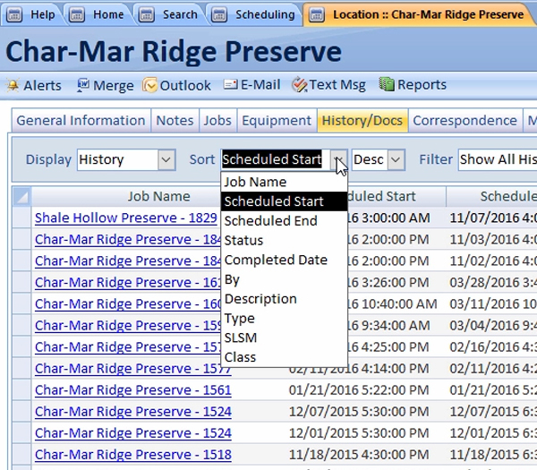 A customer's sortable service history in Smart Service.