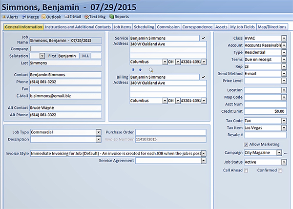 A customer record in HVAC software.