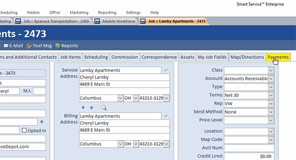 The payment collection tab in Smart Service.